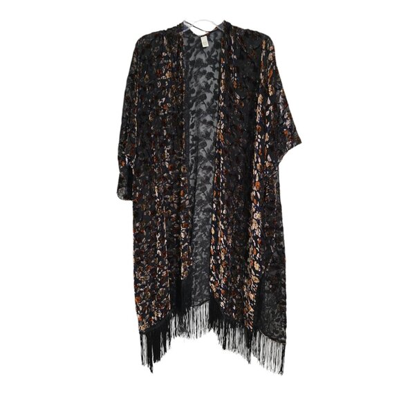 Cato Womens Multicolor‎ Floral Velvet Burnout Fringe Kimono Open Front One Size - Picture 3 of 14